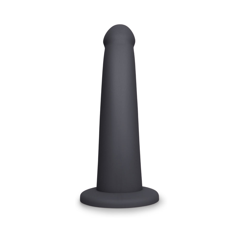 B-Vibe Essentials 7 Inch Smooth Silicone Dildo Black on a white background with a modern design.