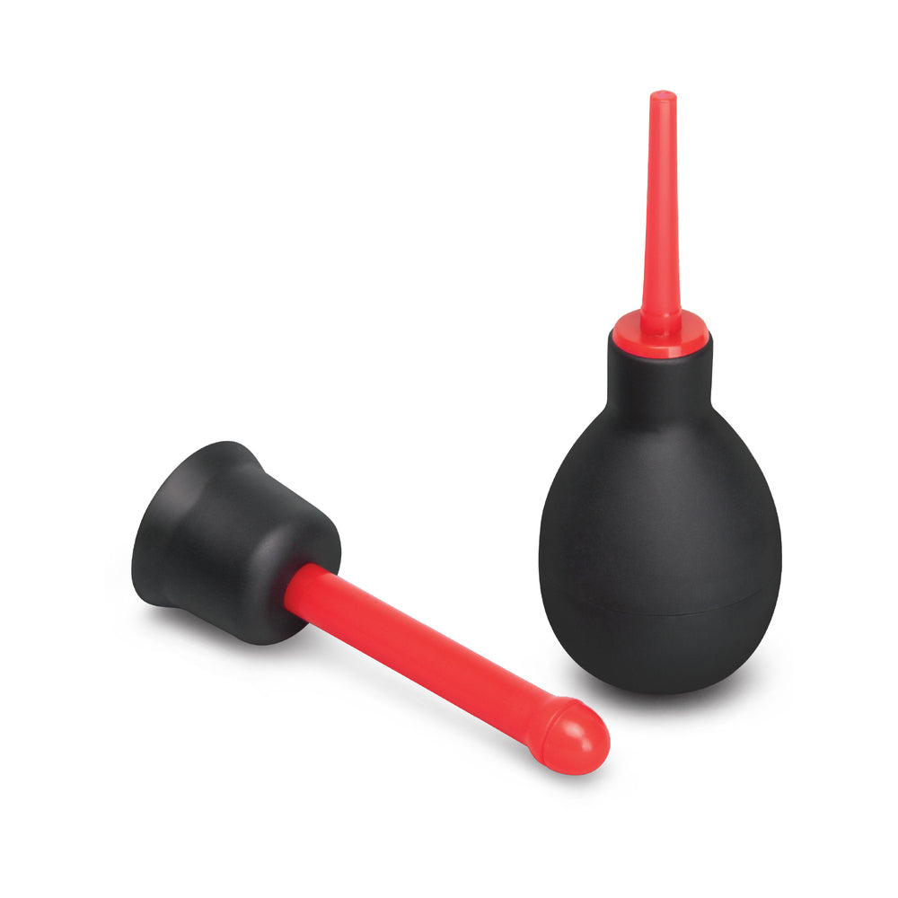 b-Vibe Essentials Mini Travel Enema Set 30 ml, compact black bulb with red tips for convenient anal hygiene.