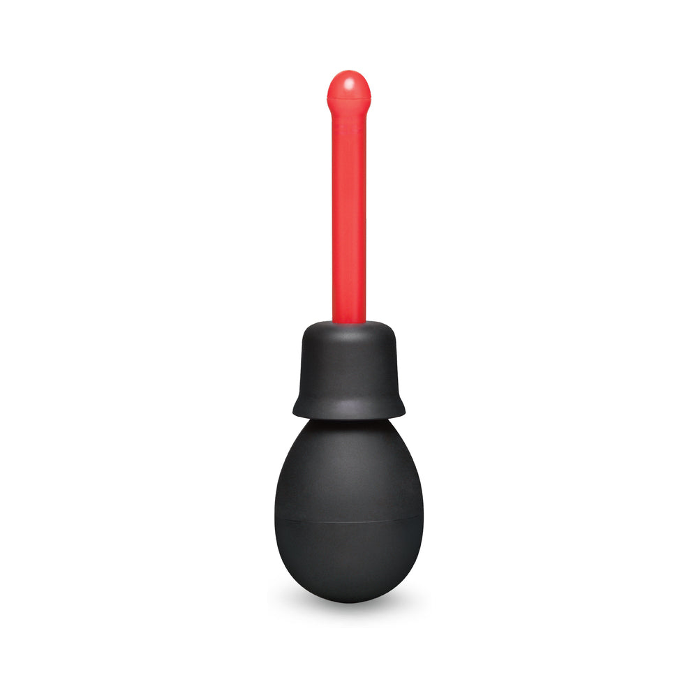 b-Vibe Essentials Mini Travel Enema Set 30 ml in black and red, showcasing its compact design and flexible nozzle.