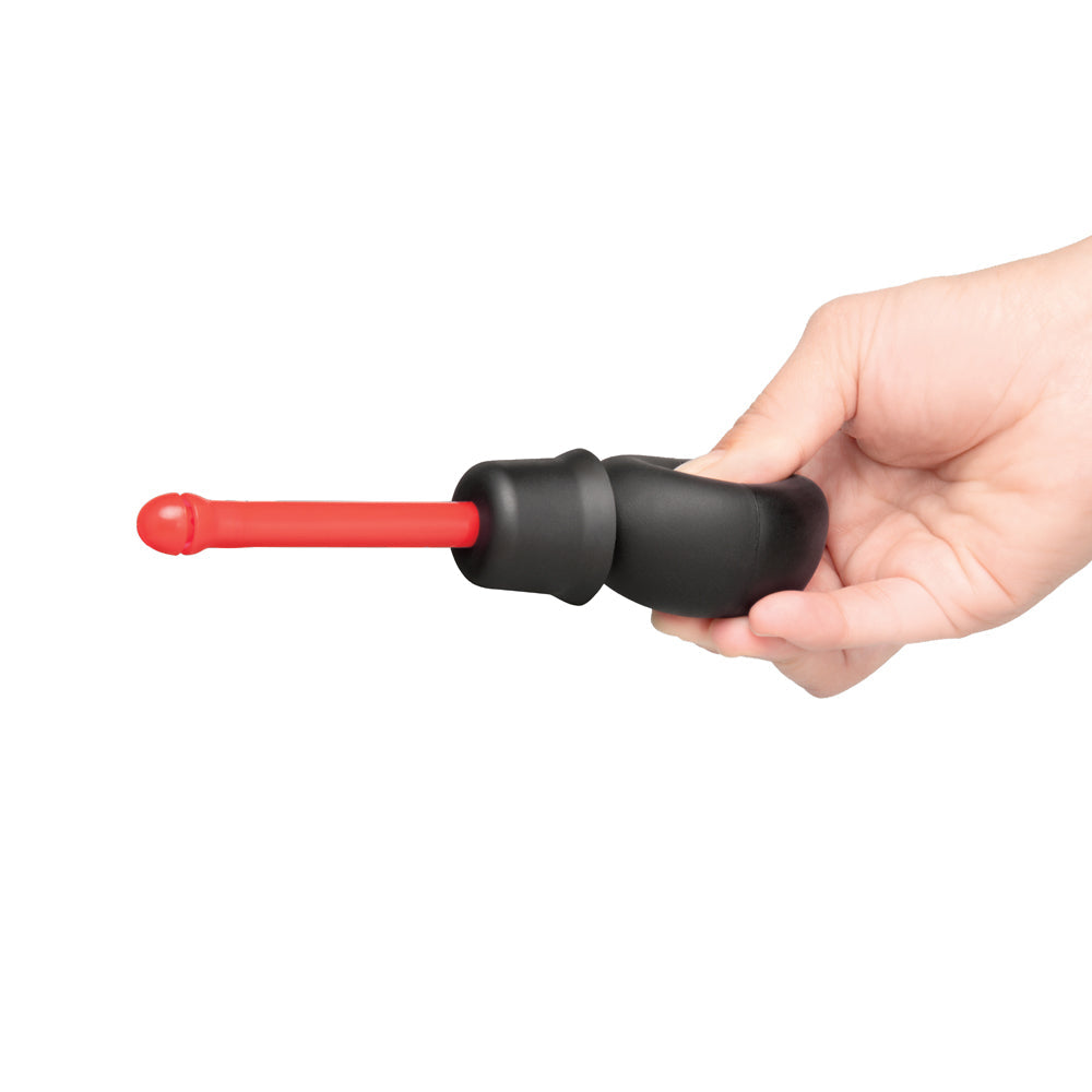 b-Vibe Essentials Mini Travel Enema Set 30 ml with squeezable bulb and red flexible head in hand.