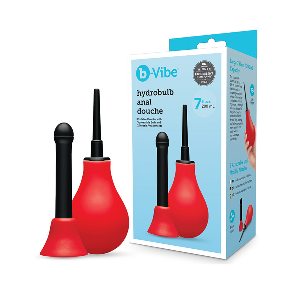 B-Vibe Essentials Hydrobulb Anal Douche 200 ml with two attachments and squeezable bulb for pre-play hygiene.
