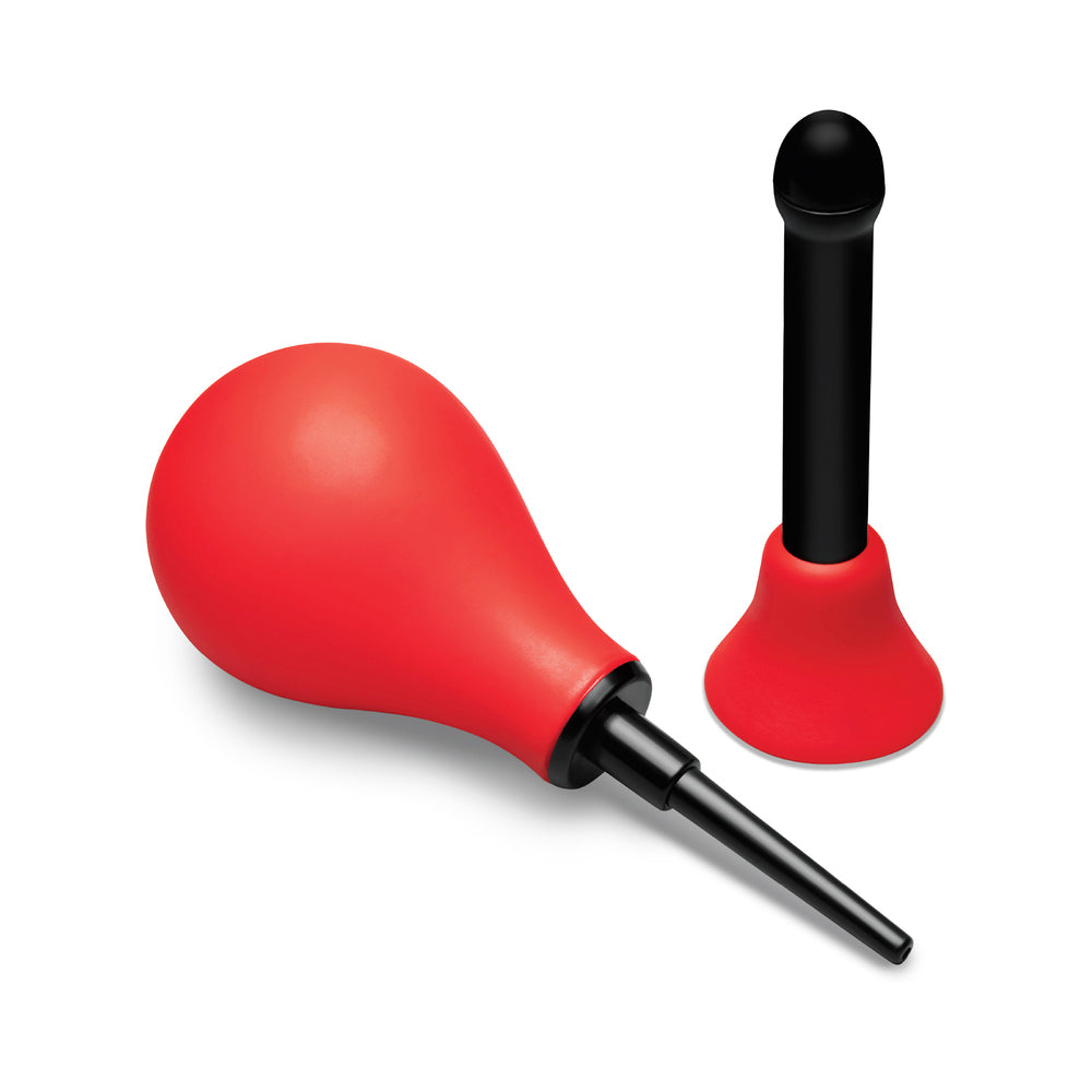 B-Vibe Essentials Hydrobulb Anal Douche 200 ml with red squeezable bulb and black nozzle for anal hygiene.