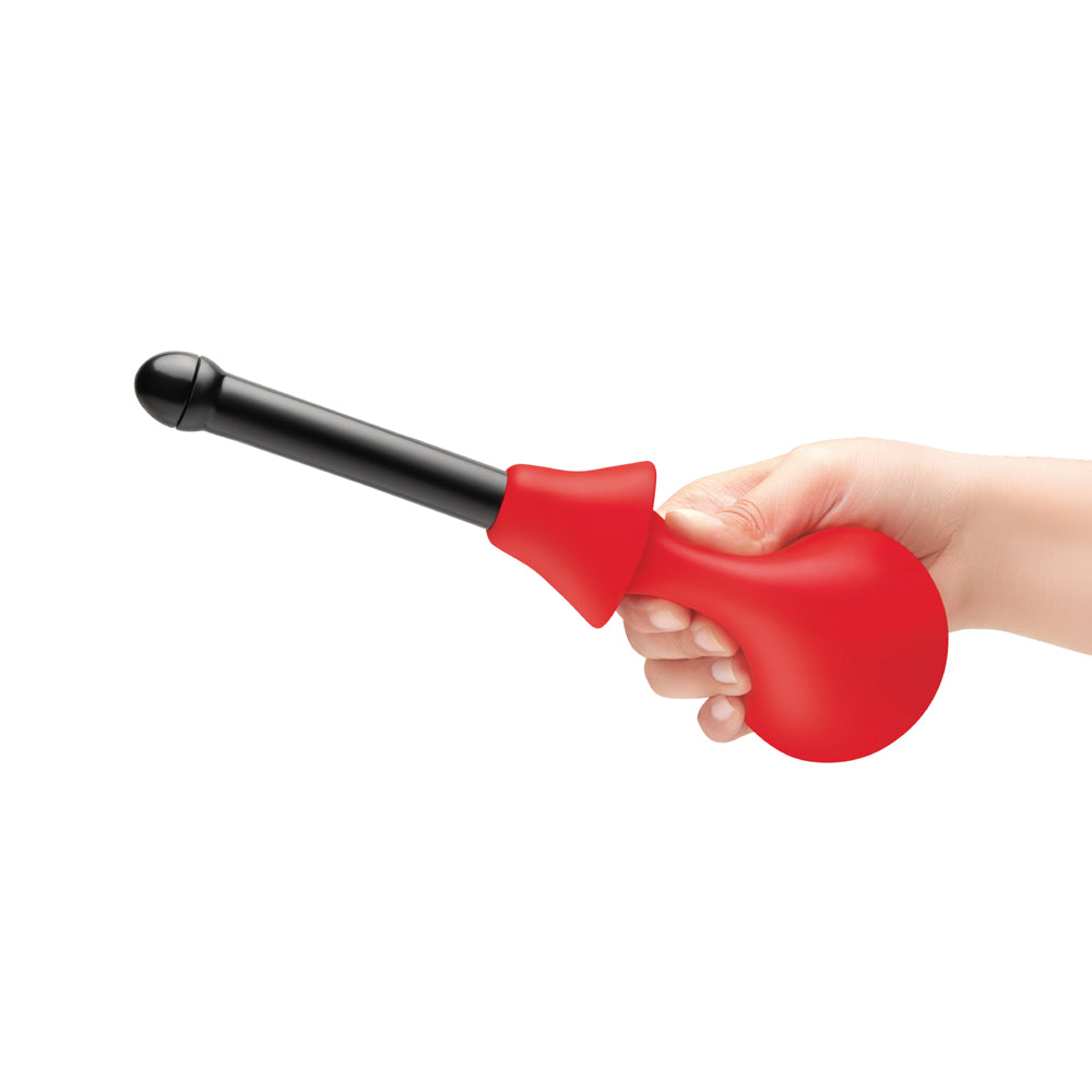 B-Vibe Essentials Hydrobulb Anal Douche 200 ml handheld with red bulb and black nozzle for easy anal cleansing.