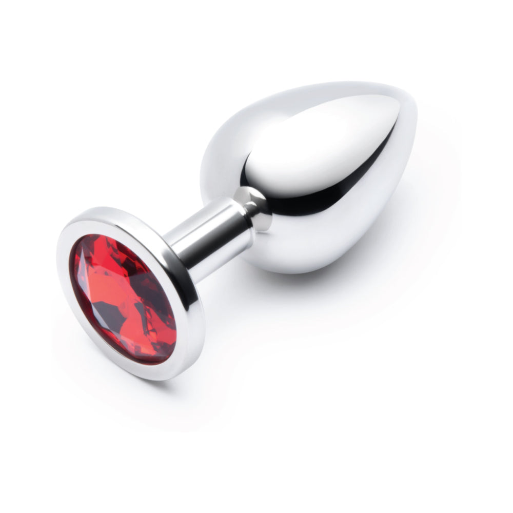 B-vibe 3.25 Inch Stainless Steel Jewel Butt Plug Red featuring a polished design with a sparkling red jewel base.