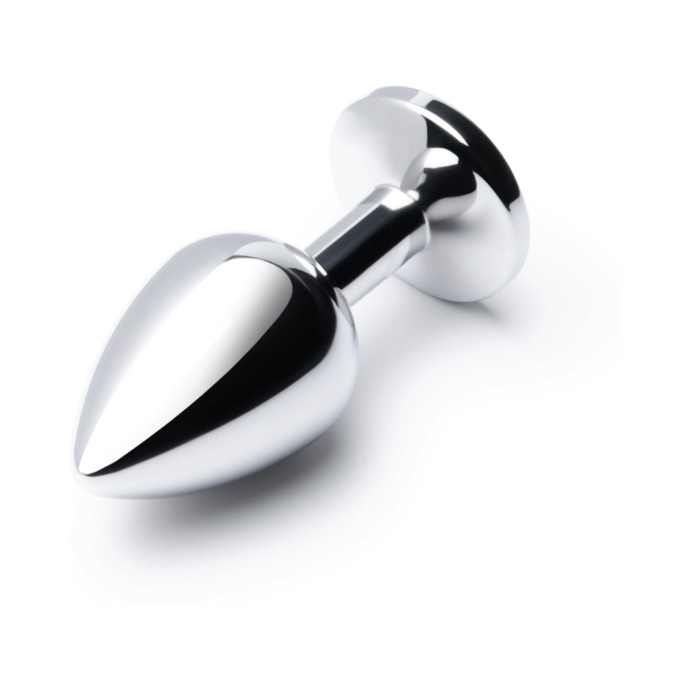 B-vibe 3.25 Inch Stainless Steel Jewel Butt Plug Red with shiny finish and elegant design for enhanced pleasure.