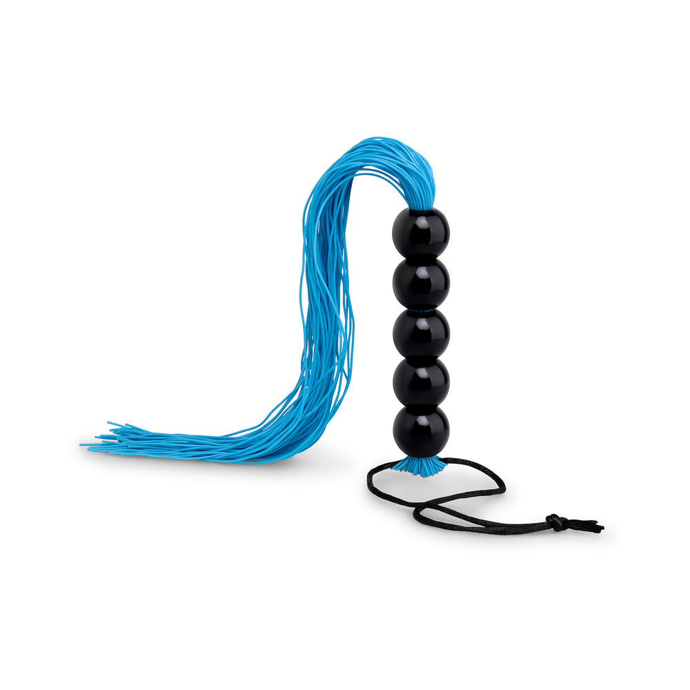 B-vibe Essentials Beaded Flogger with black beads and blue strands for playful impact play.
