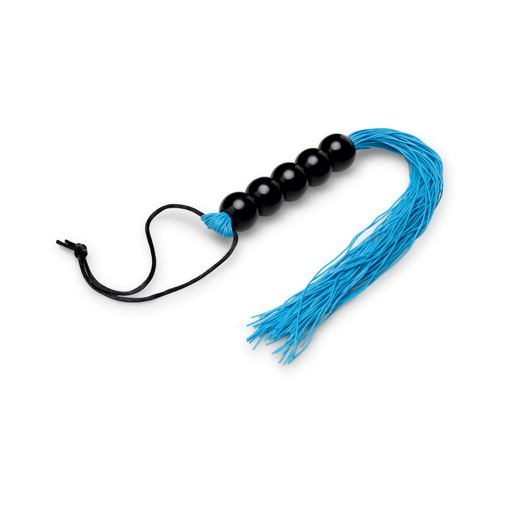 B-vibe Essentials Beaded Flogger featuring black beads and blue tassels, ideal for playful impact play.