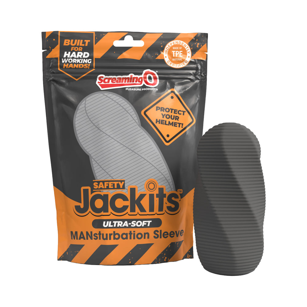 Screaming O Safety Jackits Masturbation Sleeve Grey packaging and product display for pleasure use.