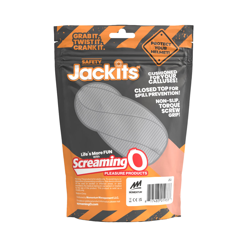 Screaming O Safety Jackits Masturbation Sleeve Grey packaged with playful branding and product details.