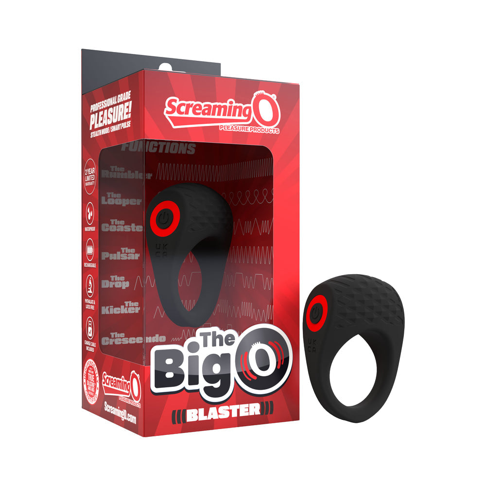 Screaming O Big O Pro Blaster Vibrating Cock Ring Black in packaging showcasing professional-grade pleasure features.