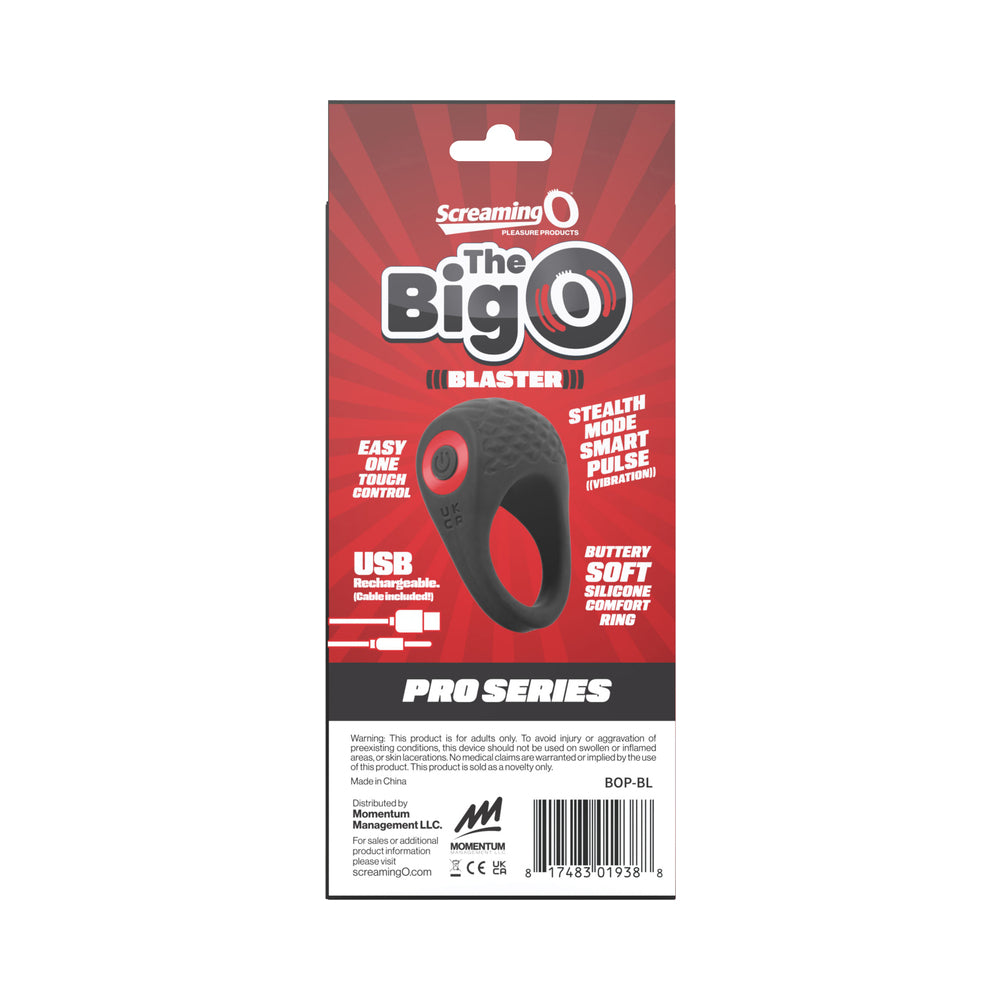 Screaming O Big O Pro Blaster Vibrating Cock Ring Black packaging with product features and usage instructions.