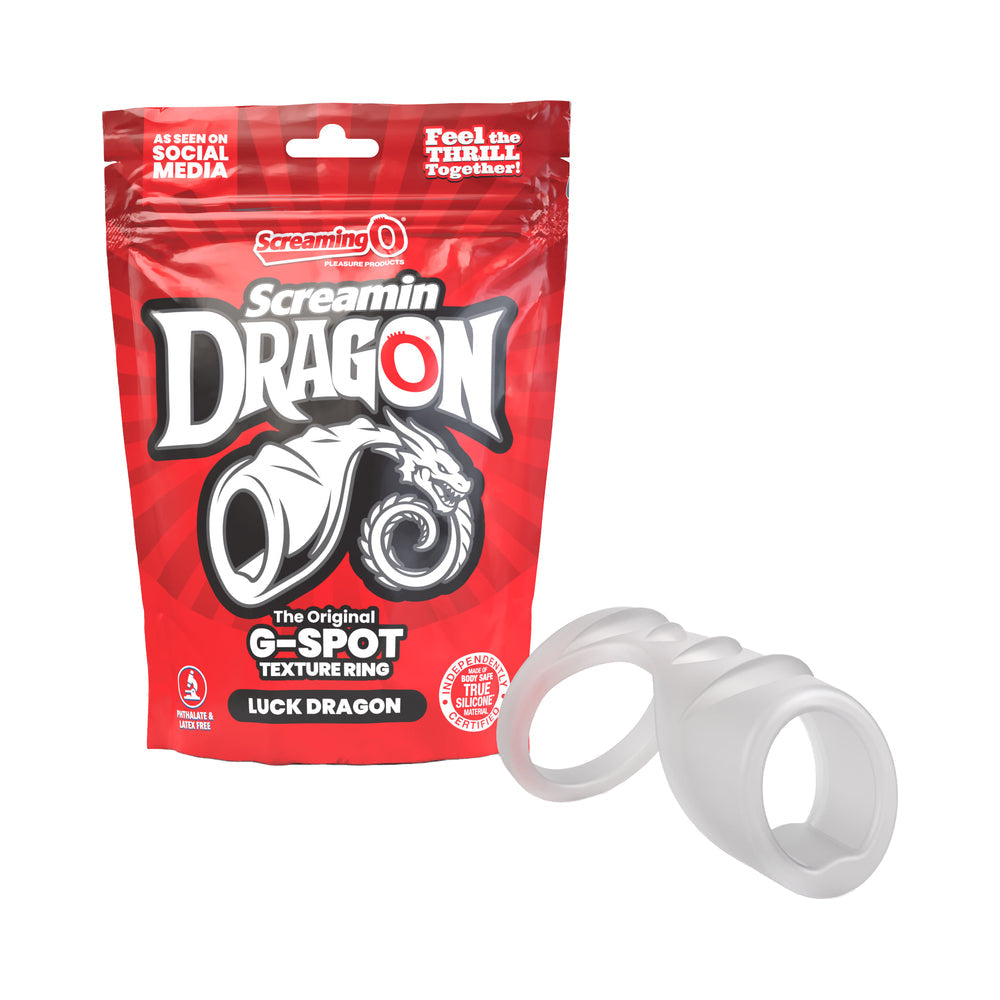 Screamin' Dragon Luck Dragon G-spot Texture Ring Clear packaging and product displaying its unique design.