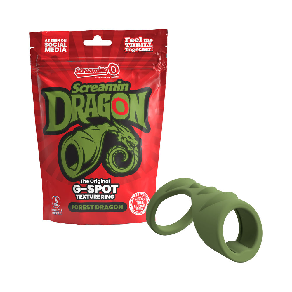 Screamin' Dragon Forest Dragon G-spot Texture Ring Green packaging with the product on display.