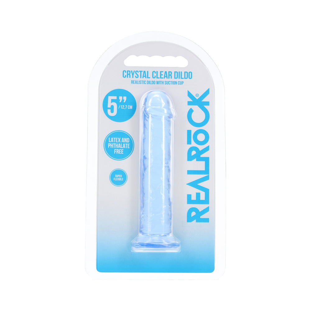 Realrock Realistic Dildo 5 Inch Blue in clear packaging with suction cup, latex and phthalate free.
