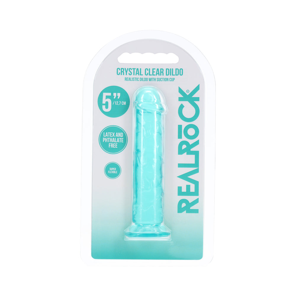 Realrock 5 Inch Realistic Dildo Turquoise with suction cup in crystal clear packaging.