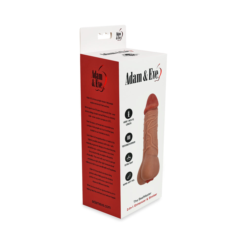 Adam & Eve The Beefmaster 2-in-1 Enhancer and Stroker product packaging image.