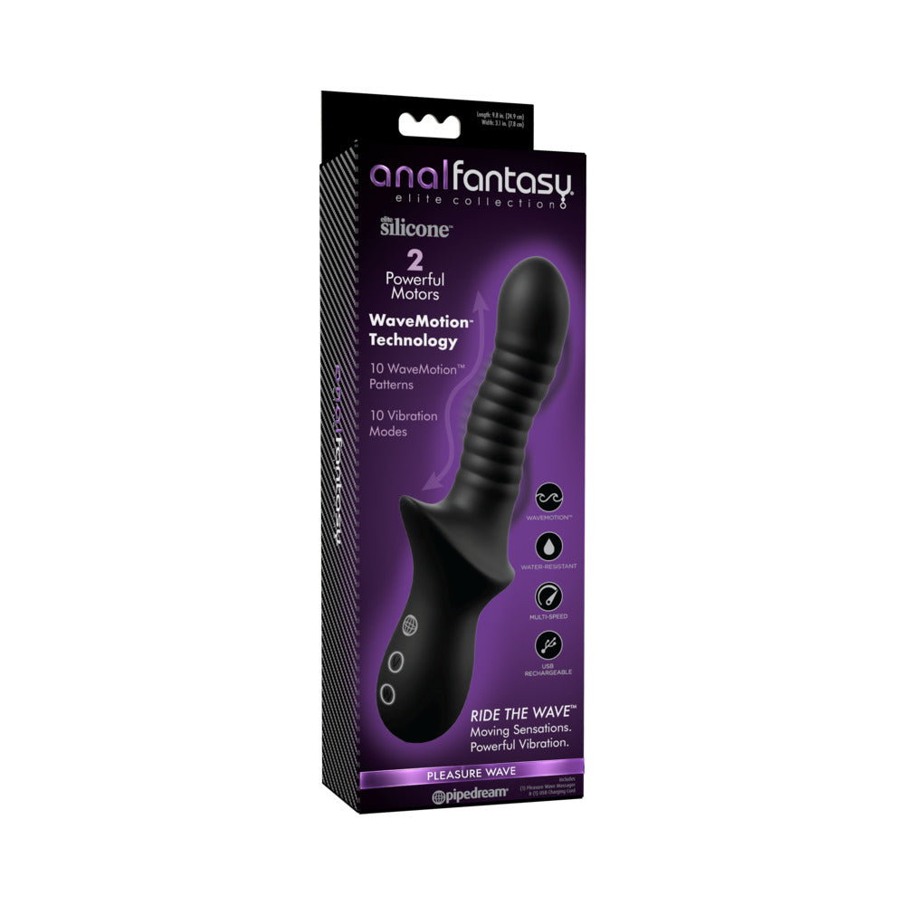Anal Fantasy Elite Pleasure Wave Vibrating Probe Black packaging featuring WaveMotion technology and powerful motors.