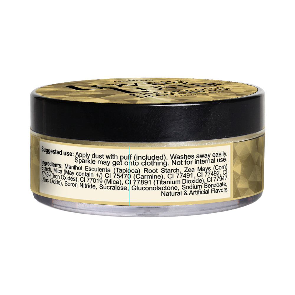 Sensuva Love & Luster Kissable Diamond Dust 2 Oz Jar Gold featuring ingredients and usage instructions.