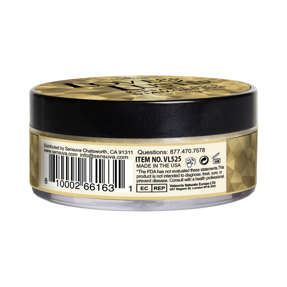 Sensuva Love & Luster Kissable Diamond Dust 2 Oz Jar Gold packaging with shimmering design and product details.