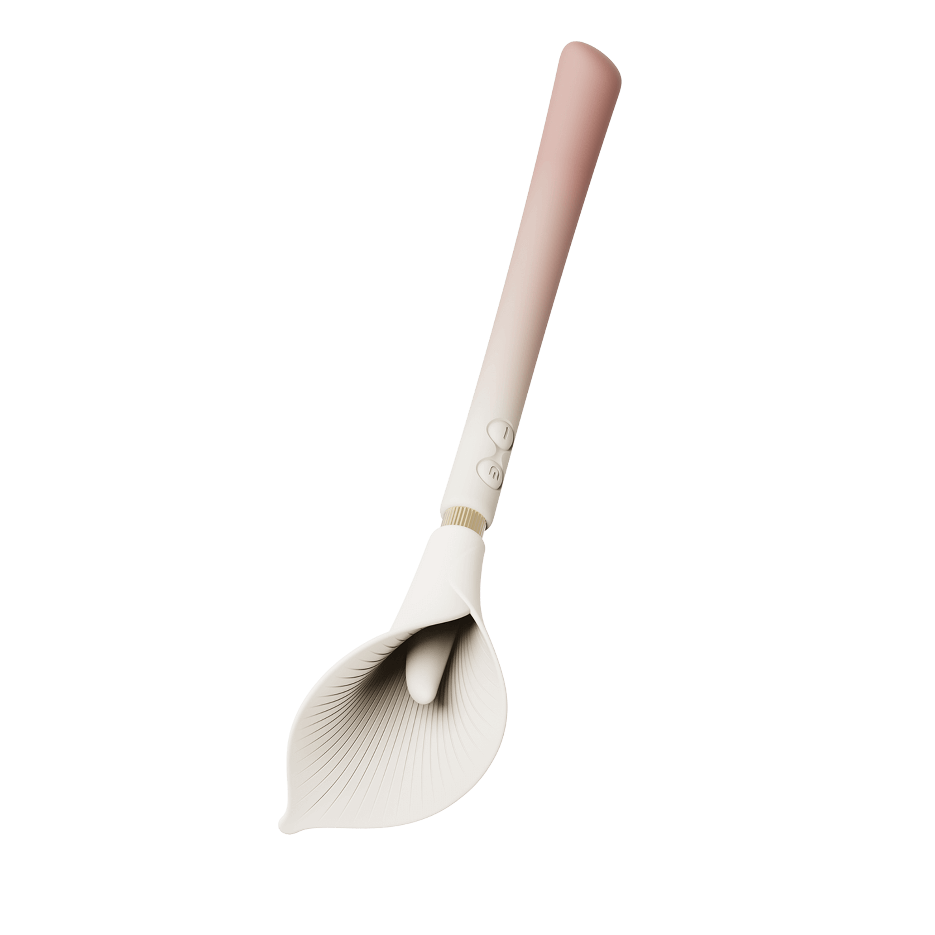 Stylish silicone scoop with a petal-shaped design and ergonomic handle in soft pink and white colors.