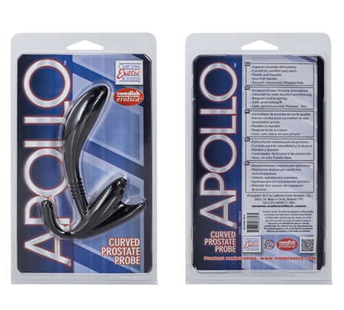 Apollo Curved Prostate Probe Black packaging featuring a pliable and ergonomic design for prostate stimulation.