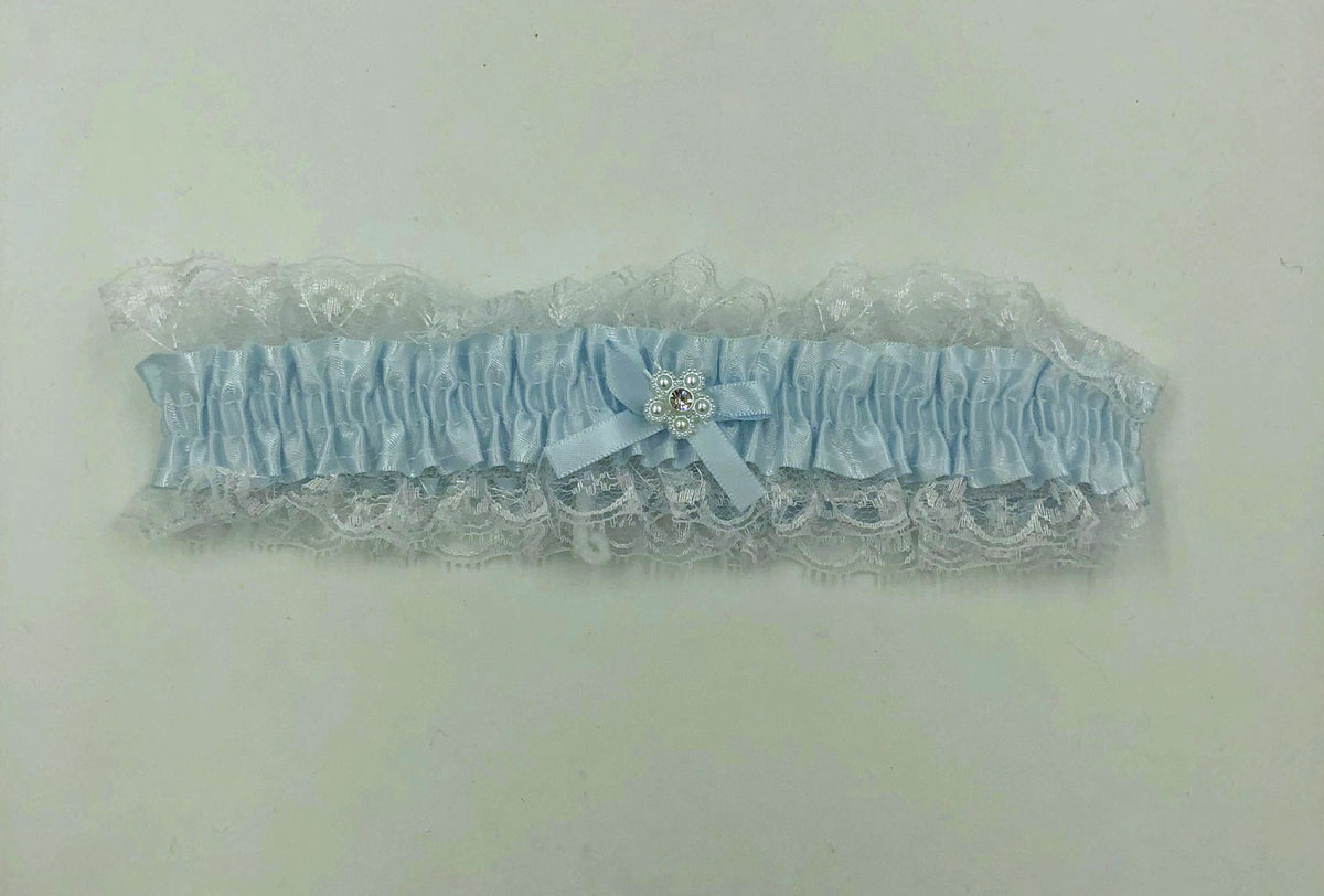 Satin Leg Garter One Size Baby Blue With White Lace featuring delicate lace trim and ribbon embellishment.