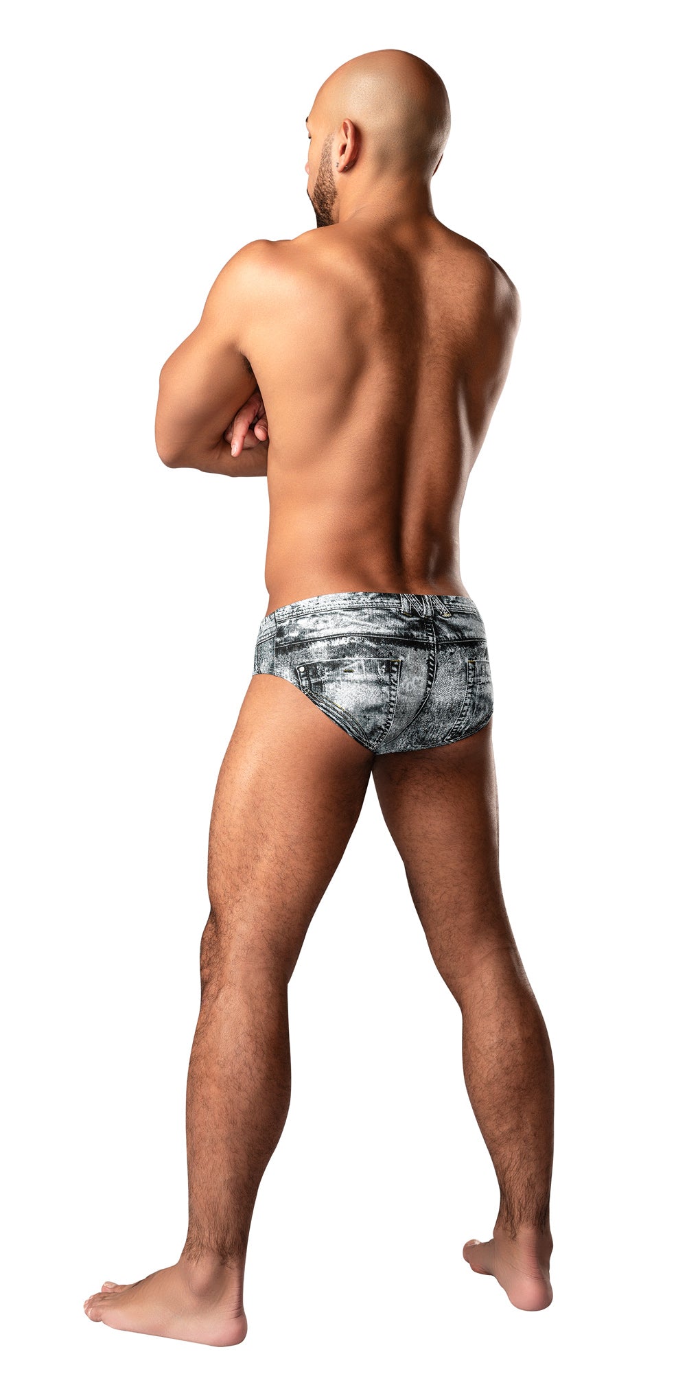 Male Power Dirty Denim Men's Bikini Brief Medium on a model showcasing the back view, emphasizing comfort and style.