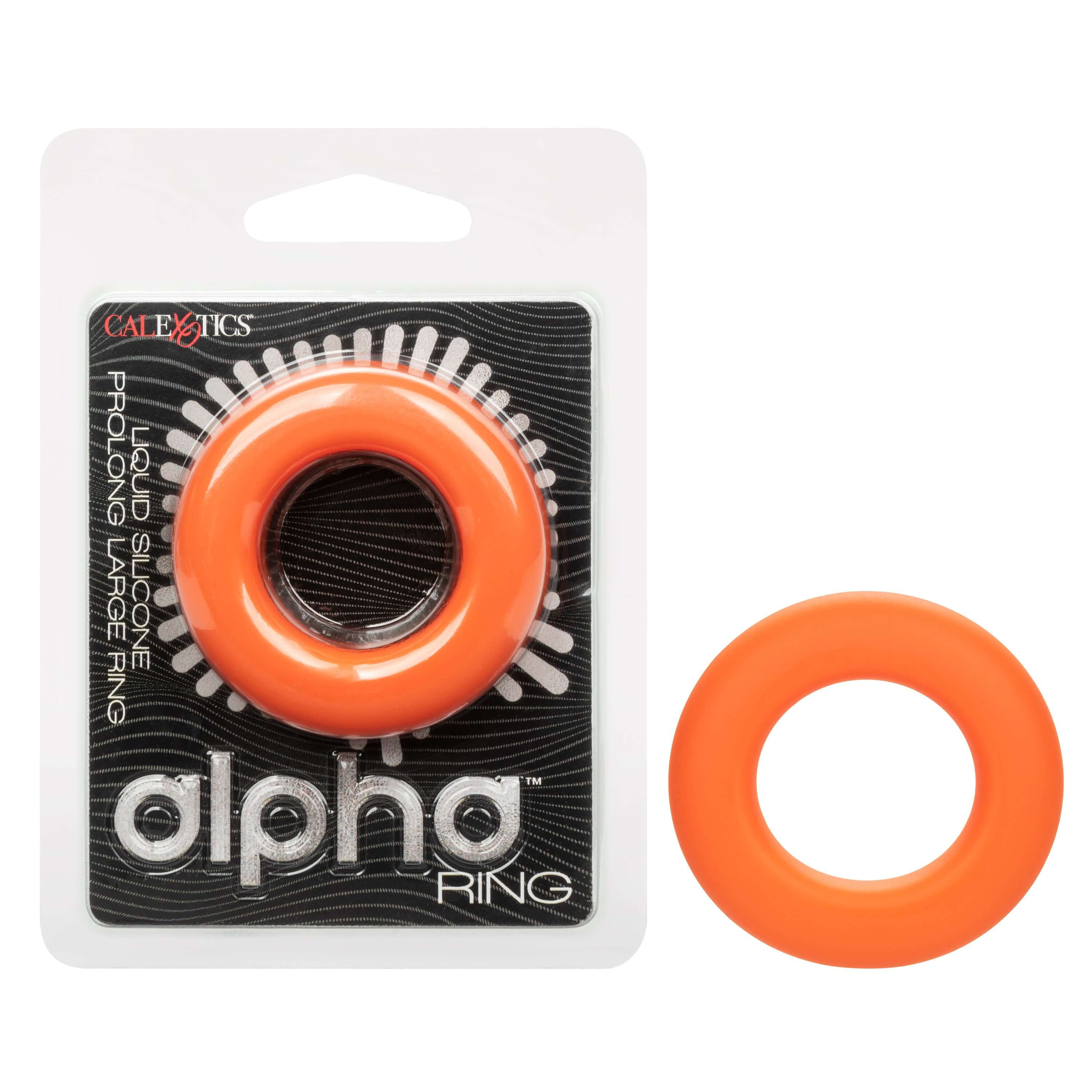 Alpha Liquid Silicone Prolong Large Ring Orange in packaging, showcasing its soft texture and bright orange color.