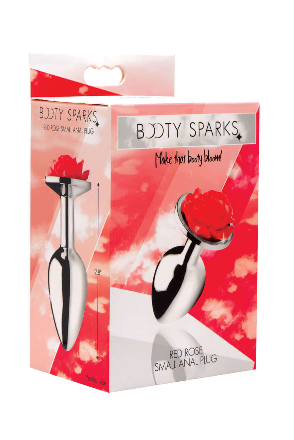 Red Rose Anal Plug Medium Booty Sparks packaging showcasing elegant design and small size for comfortable use.