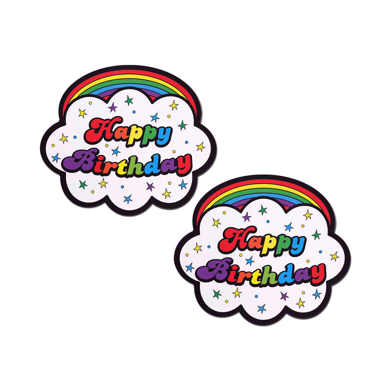 Pastease Happy Birthday Cloud Rainbow Pasties featuring a colorful cloud design with rainbow and festive text.