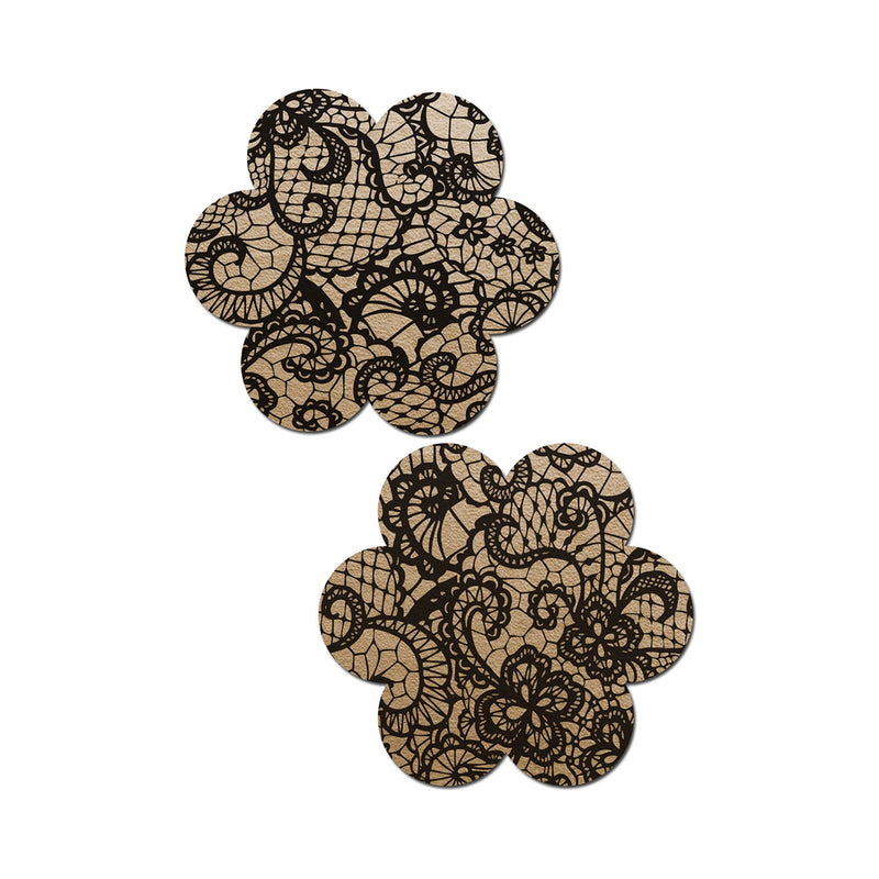 Pastease Lace Flower Nipple Pasties Beige and Black with elegant black lace flower design on nude base.