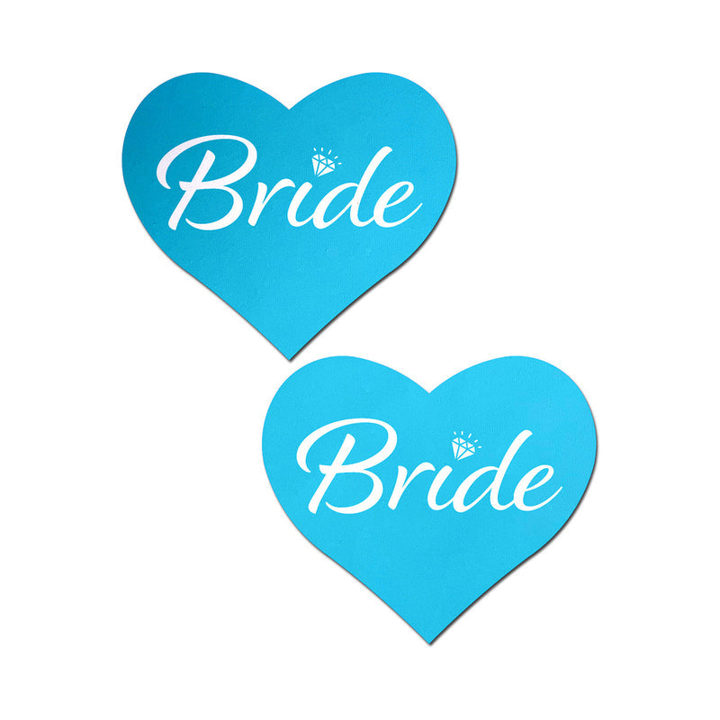 Pastease Bride Blue Heart Pasties in Robin's Egg Blue with bold 'Bride' message for bachelorette or wedding.
