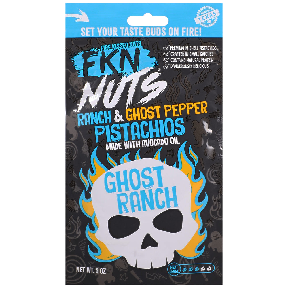 Fkn Nuts Ranch & Ghost Pepper Pistachios 3 Oz packaging featuring bold flavors and a unique Ghost Ranch theme.