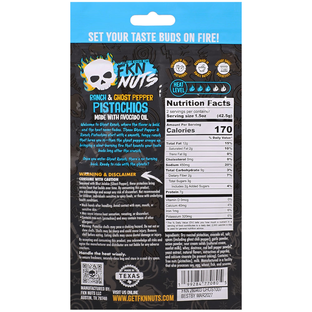 Fkn Nuts Ranch & Ghost Pepper Pistachios 3 Oz package showcasing nutrition facts and flavor profile.