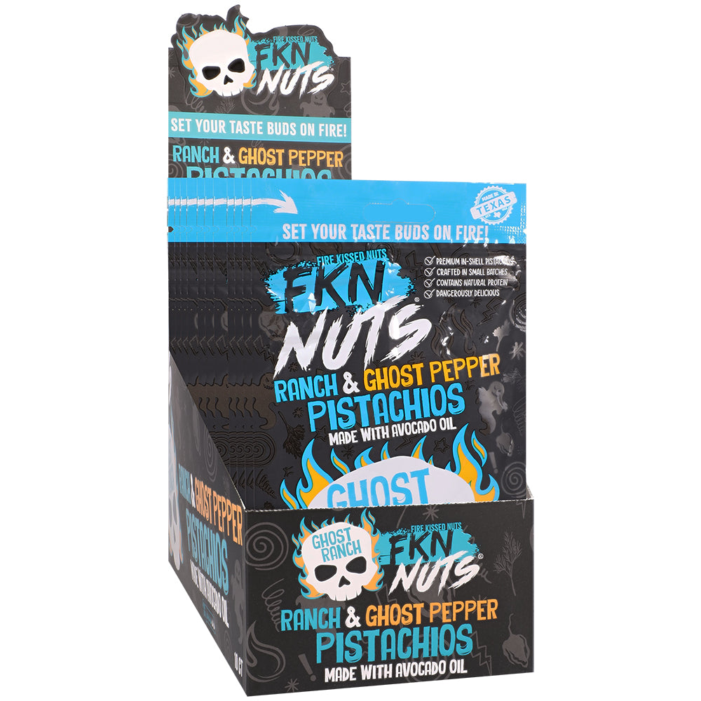 Fkn Nuts Ranch & Ghost Pepper Pistachios 3 Oz packaging showcasing bold flavors and unique taste experience.