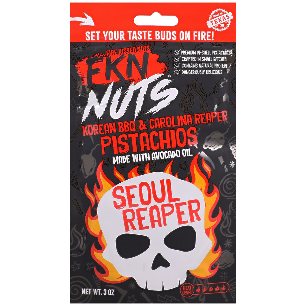 Fkn Nuts Korean BBQ Carolina Reaper Pistachios 3 Oz packaging with fiery design and skull logo.