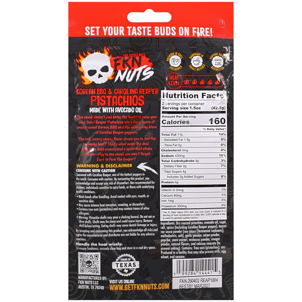 Fkn Nuts Korean BBQ Carolina Reaper Pistachios 3 Oz packaging with nutrition facts and flavor description