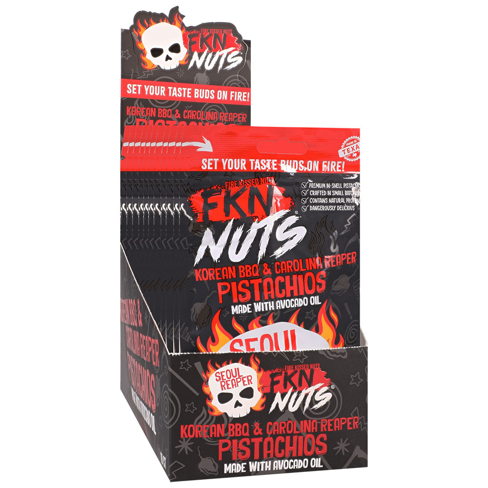 Fkn Nuts Korean BBQ Carolina Reaper Pistachios 3 Oz display box, featuring fiery Korean BBQ flavor and Carolina Reaper heat.