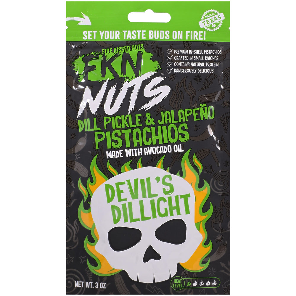 Fkn Nuts Dill Pickle & Jalapeno Pistachios 3 Oz packaging featuring bold flavors and a fun design.