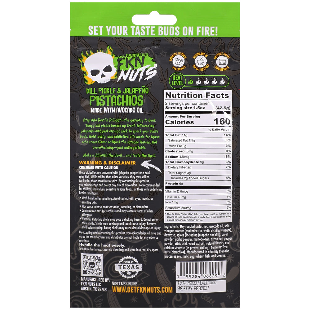 Fkn Nuts Dill Pickle & Jalapeno Pistachios 3 Oz bag with nutrition facts and bold flavor description.