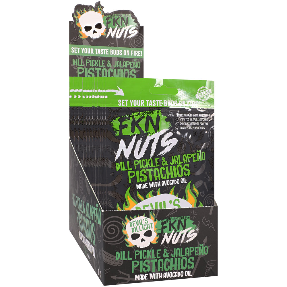 Fkn Nuts Dill Pickle & Jalapeno Pistachios 3 Oz display with fire-kissed snack packaging.