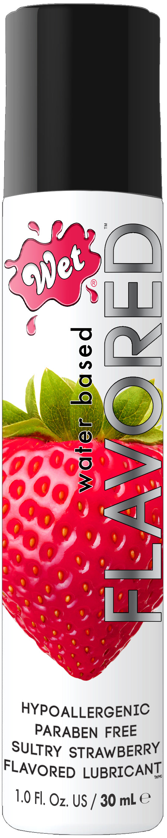Wet Flavored Lubricant Sexy Strawberry 1 Oz packaging showcasing a water-based, edible lubricant for enhanced intimacy.