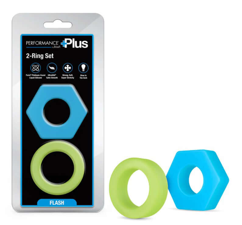 Performance Plus Flash Silicone Glow in the Dark Cock Ring Set packaging featuring two colorful rings for enhanced performance.