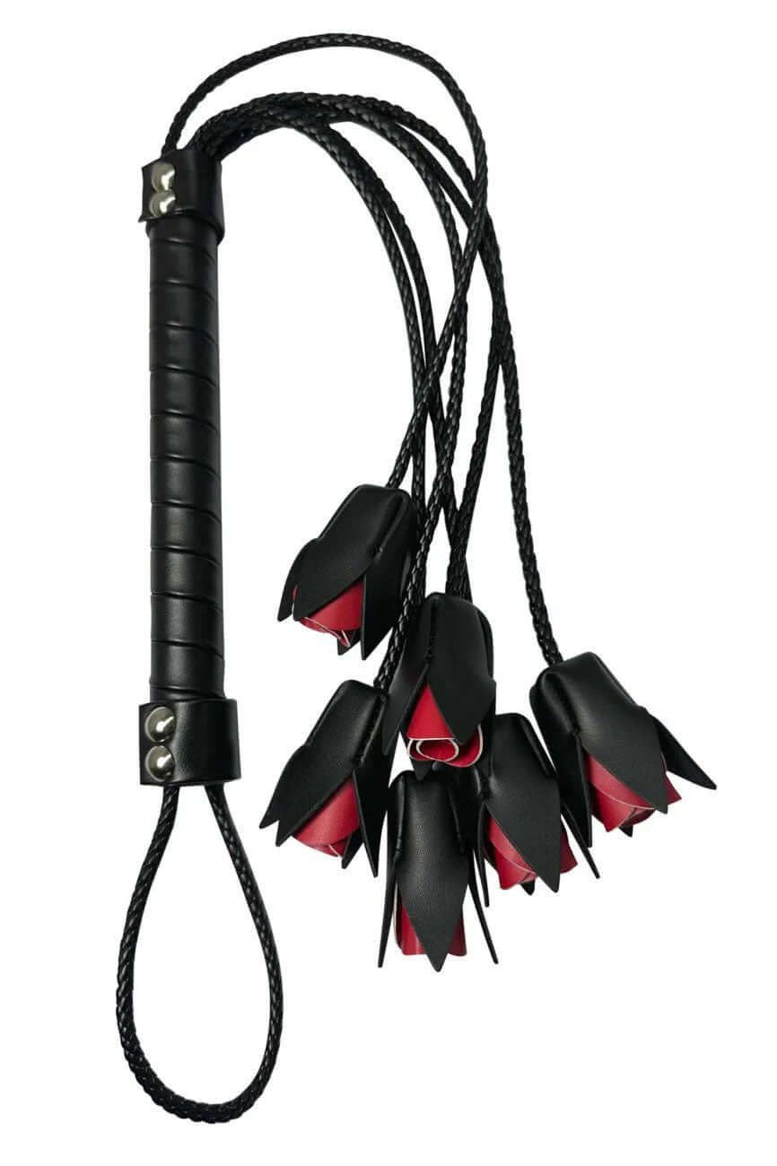 Mapale Rose Whip Black featuring a faux leather handle and intricate rose details on the ends for a playful, seductive touch.