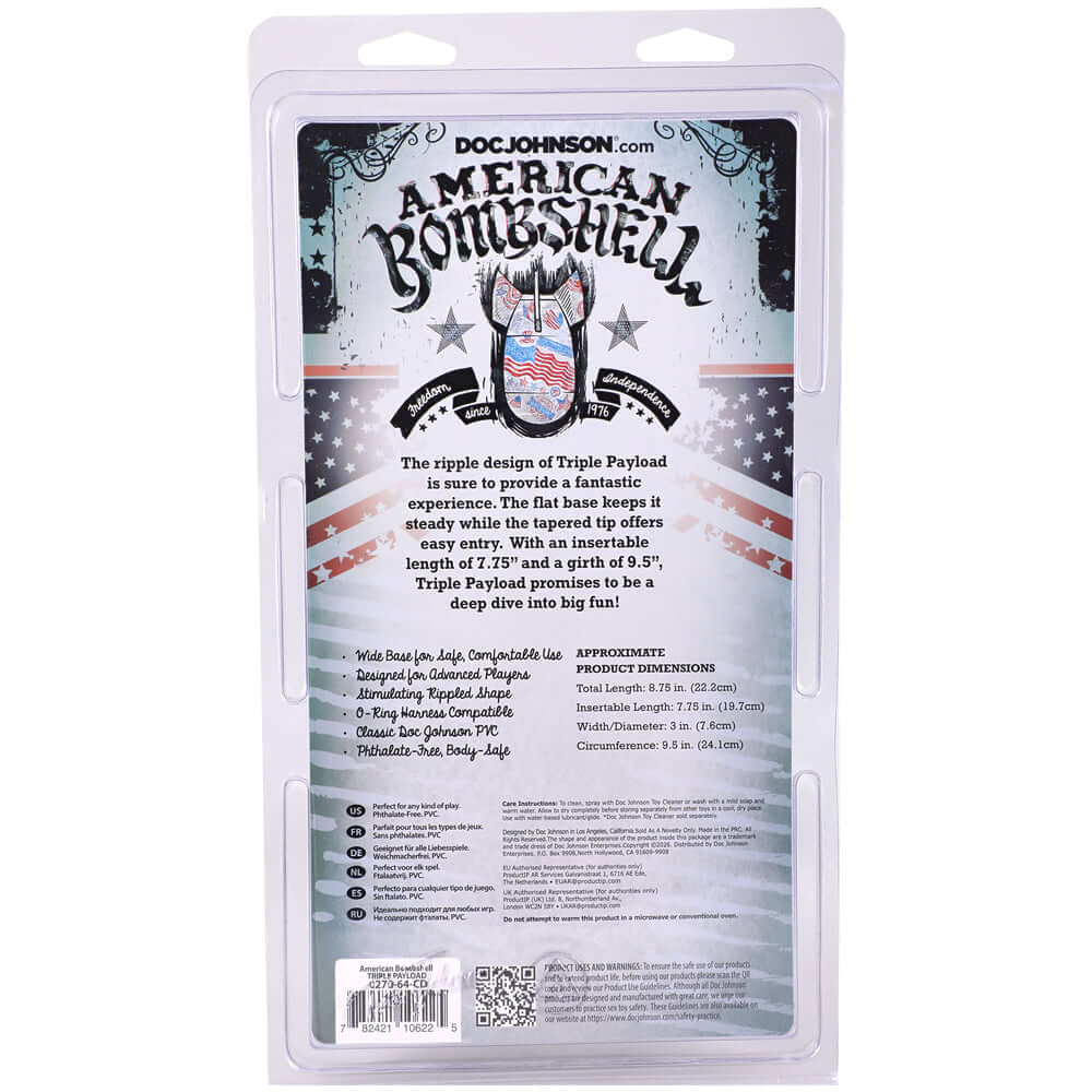 Back packaging of American Bombshell Triple Payload Gun Metal Plug Black highlighting its features and dimensions.