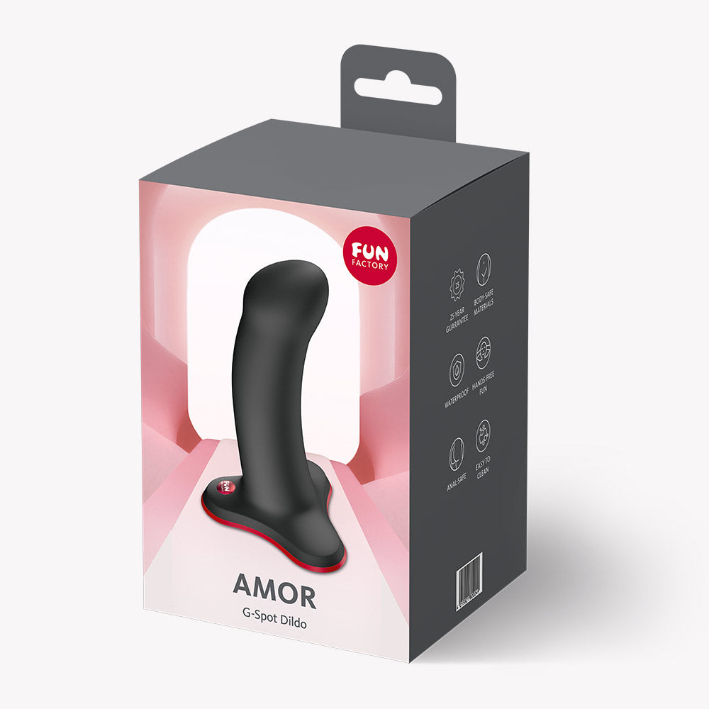 Product packaging of Fun Factory Amor G-Spot Dildo Black featuring ergonomic design for targeted stimulation.