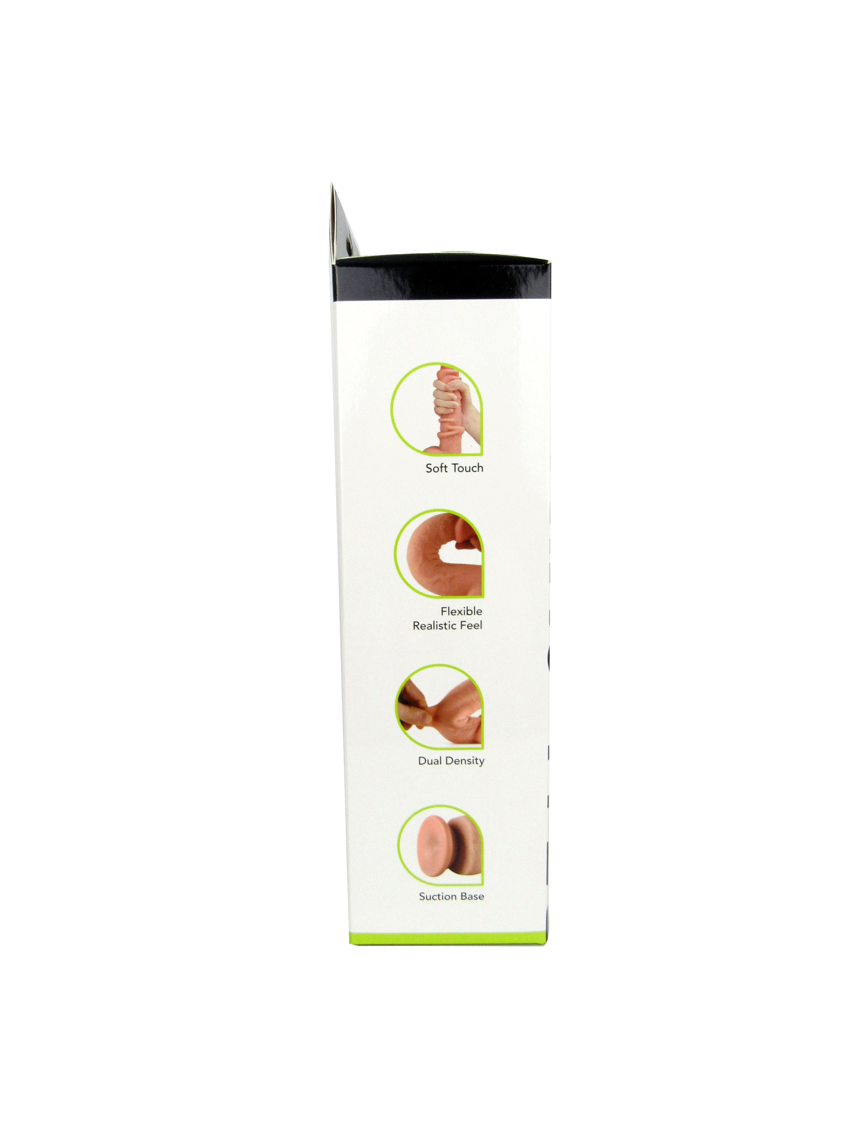 Image of Real Skin 8 Inch Dual Layer Dong Beige box showing features like soft touch and flexible realistic feel.