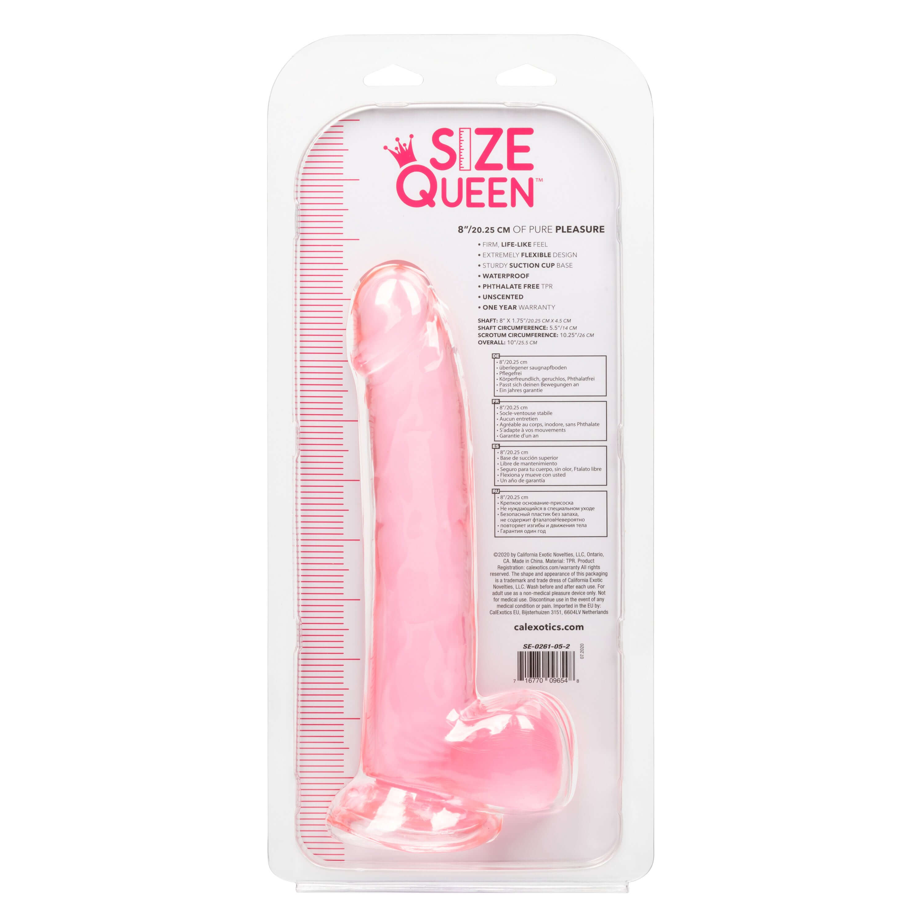 Size Queen Dildo 8 Inches Pink in packaging with measurements, designed for premium pleasure.