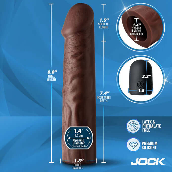 Jock Vibrating Penis Extension with Remote Dark showcasing dimensions and features of the product, including insertable depth and diameter.