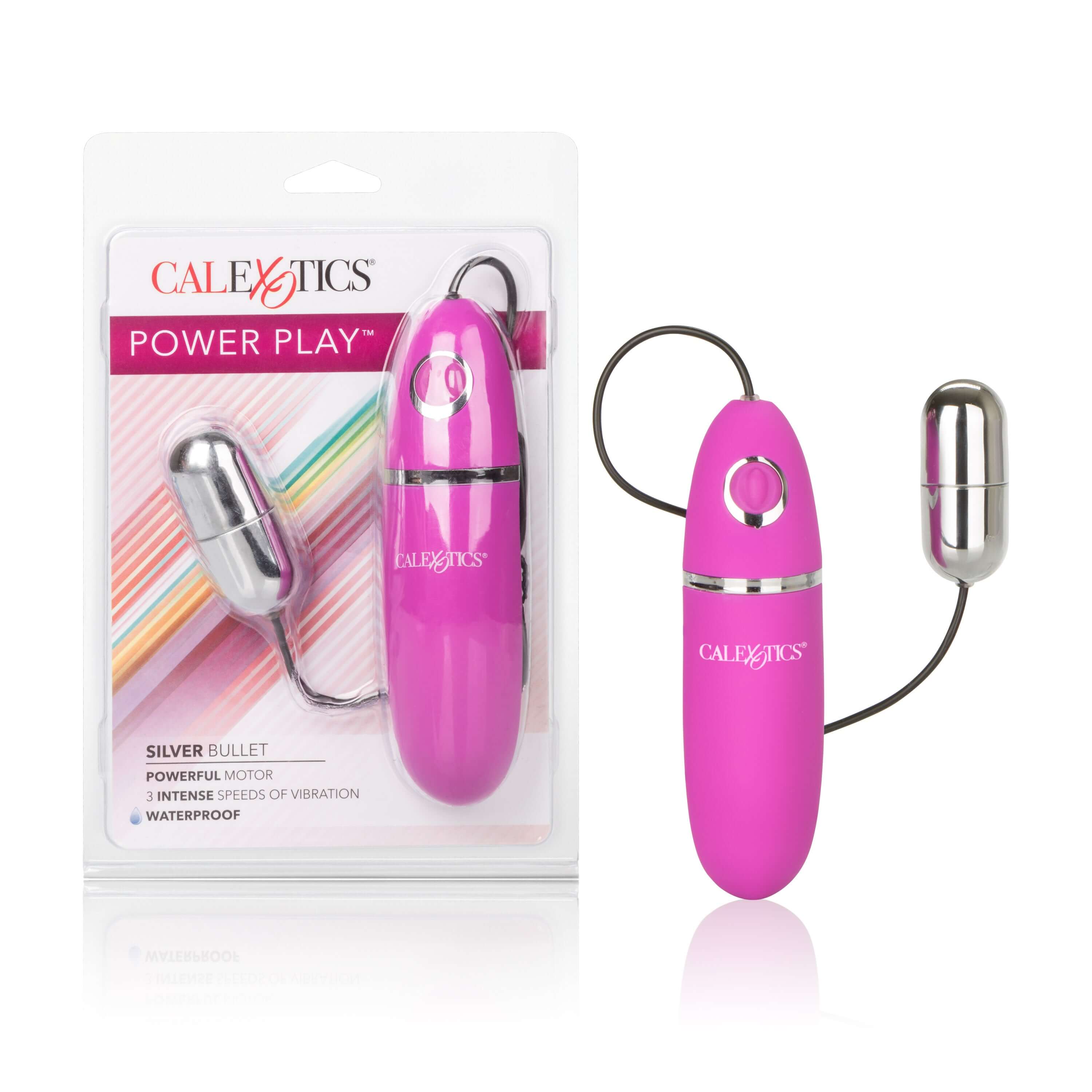 Power Play Silver Bullet Vibrator in pink packaging, featuring a sleek design and powerful vibrations.